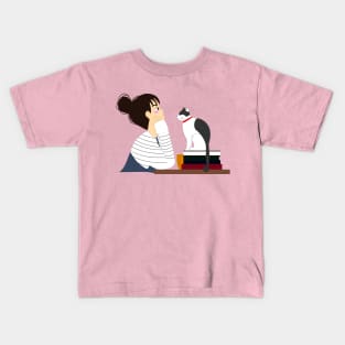 Cat, books, coffee and messy bun Kids T-Shirt